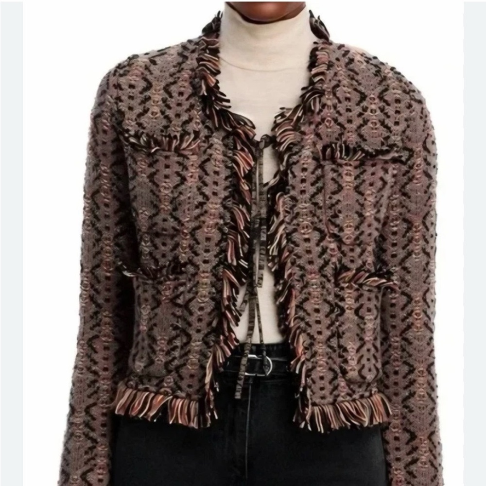 Aldo Martins Women’s Thun Fringed - SZ XL - Brown Knit Bomber Jacket